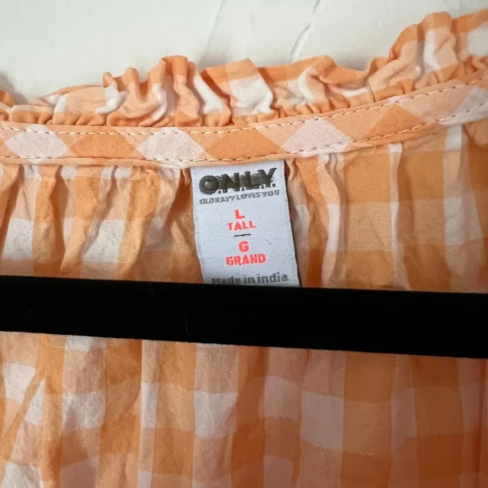 ONLY Old Navy Orange Gingham Peasant Blouse Puff Sleeve Cottagecore‎ Size L Tall